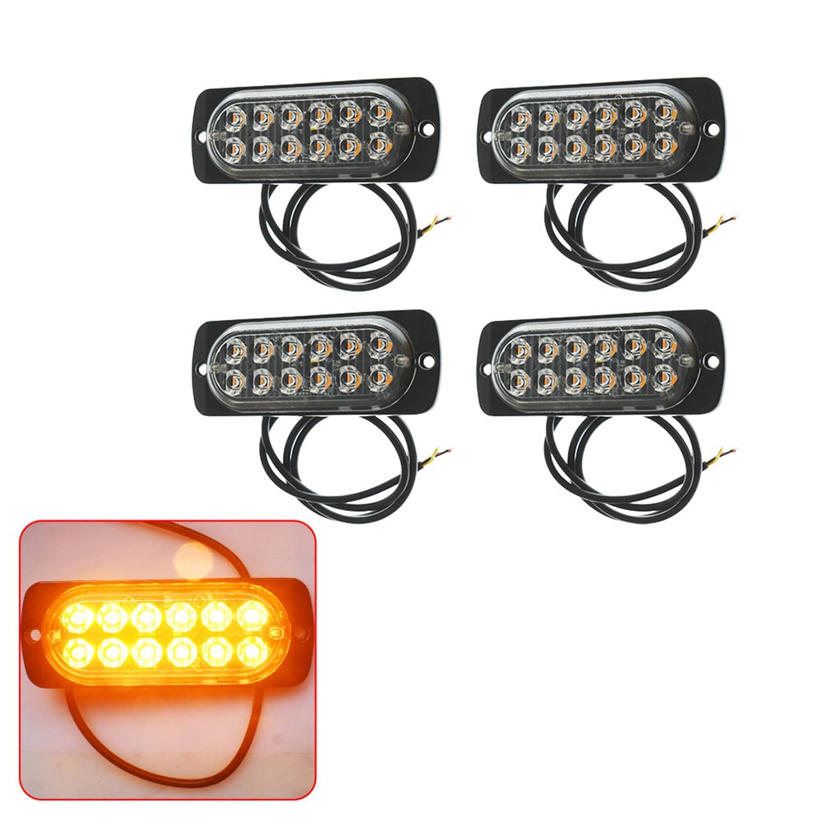 4x Strobe 12 Led Amber Hazard Beacon Emergency Flashing Side Marker Light Bars Lab Work Auto