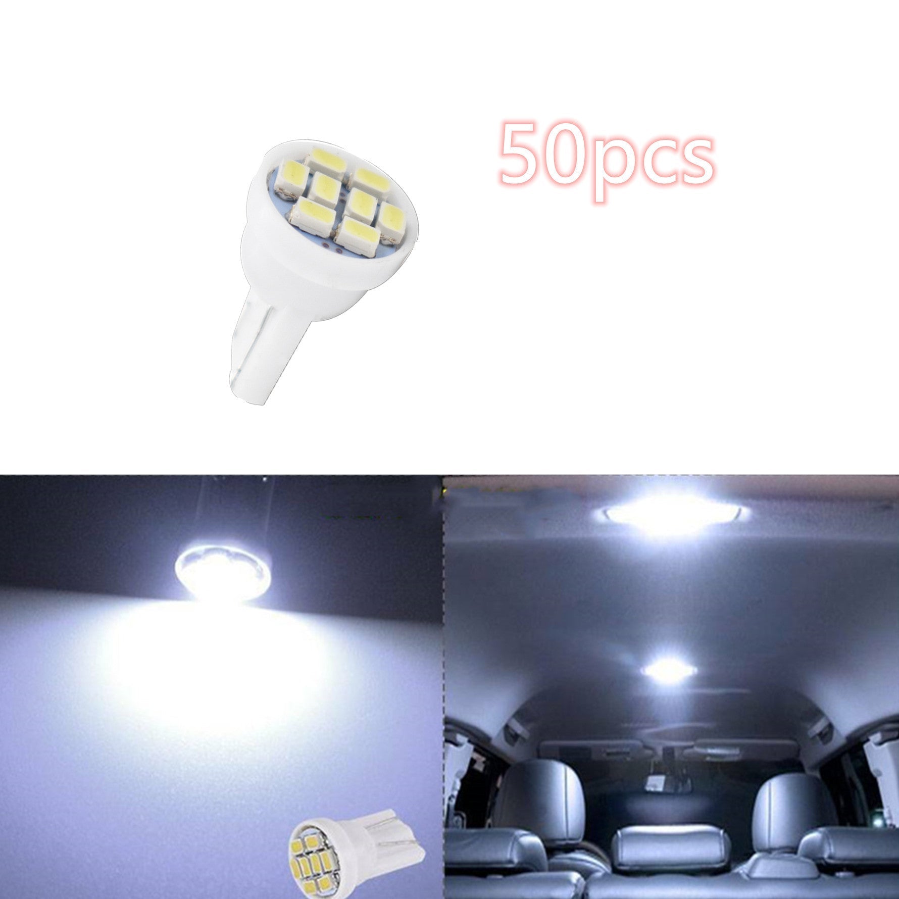 50x T10 8-SMD White LED Car Lights Bulb Interior, Instrument Cluster For W5W, 147, 152, 158, 159, 161, 168, 184, 192, 193, 194 2825 Lab Work Auto 
