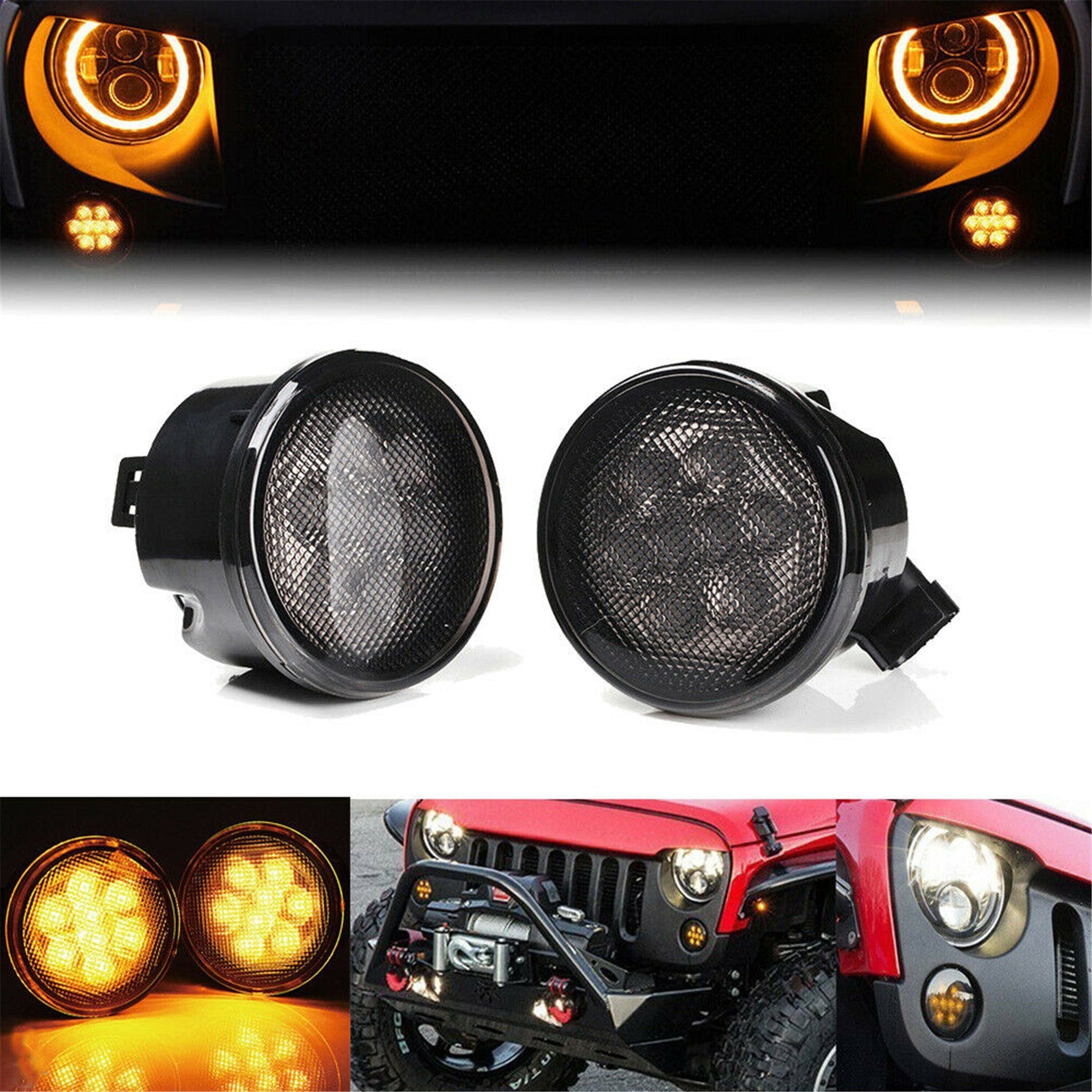 for Jeep Wrangler JK 2007-2018 (Smoke Lens) Front Amber LED Turn Signal Lights Lab Work Auto
