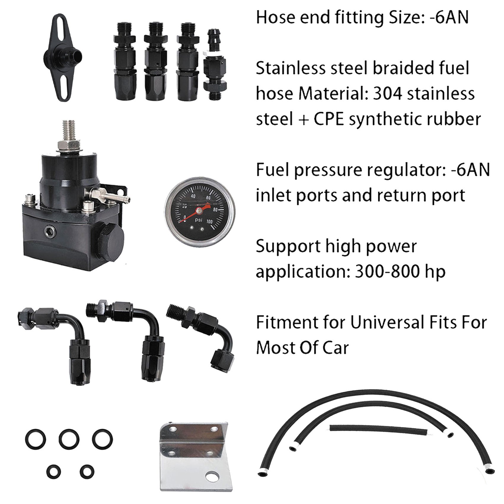 labwork Universal Adjustable Fuel Pressure Regulator Kit with 0-100 Psi Pressure Gauge AN-6 Fuel Line Hose Fitting Connectors Kit Black Lab Work Auto