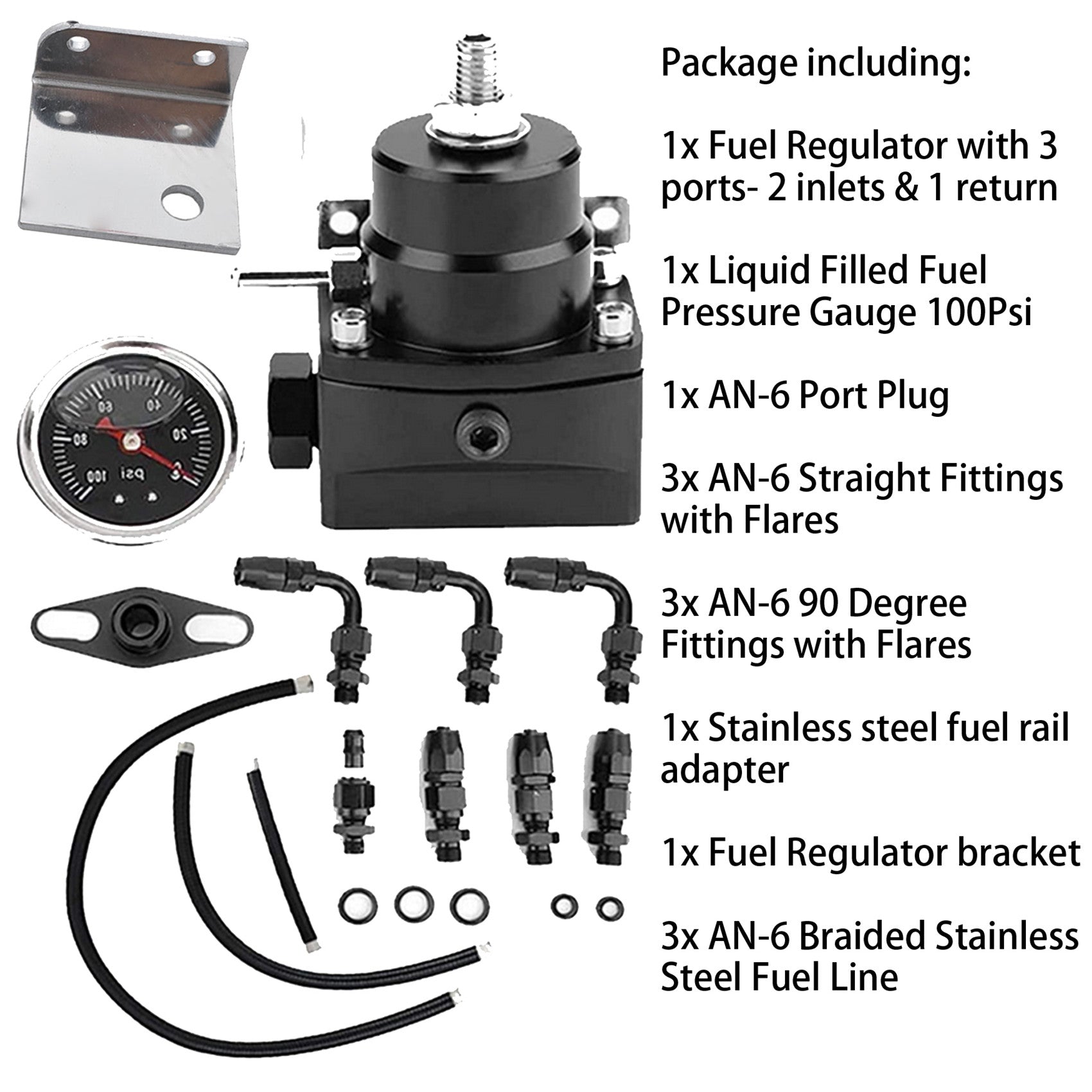 labwork Universal Adjustable Fuel Pressure Regulator Kit with 0-100 Psi Pressure Gauge AN-6 Fuel Line Hose Fitting Connectors Kit Black Lab Work Auto