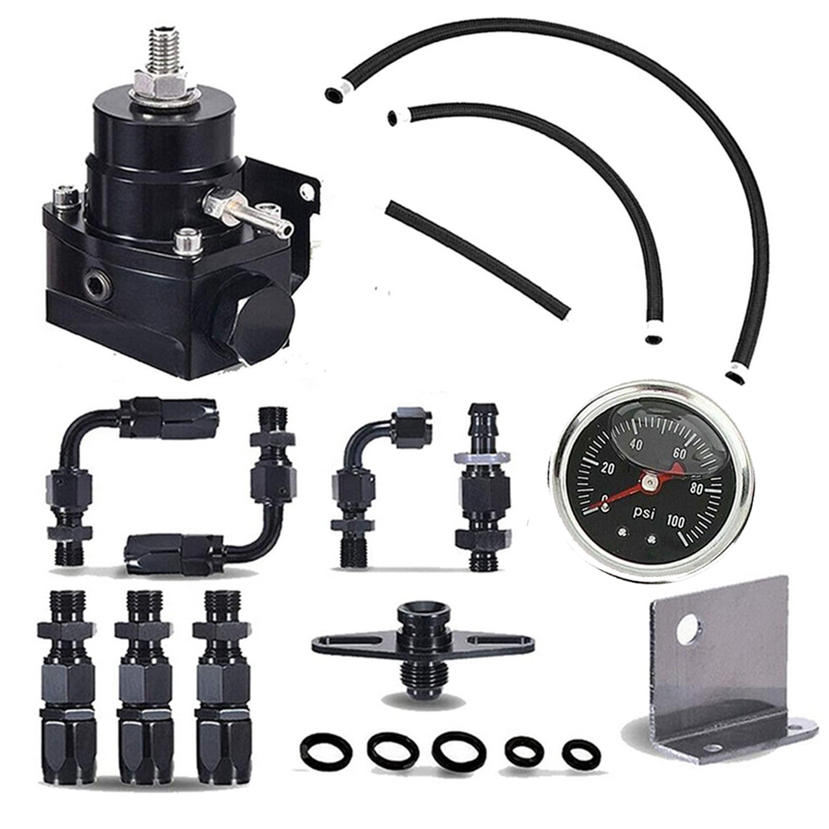 labwork Universal Adjustable Fuel Pressure Regulator Kit with 0-100 Psi Pressure Gauge AN-6 Fuel Line Hose Fitting Connectors Kit Black Lab Work Auto