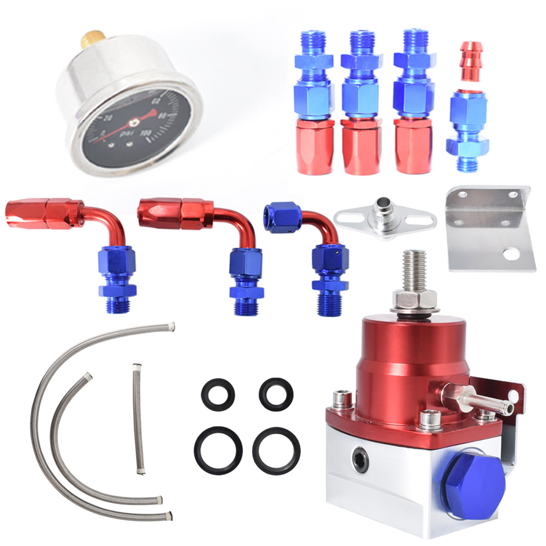 labwork Universal Adjustable Fuel Pressure Regulator Kit with 0-100 Psi Pressure Gauge AN6-6AN Fuel Line Hose Fitting Connectors Kit Red and Blue Lab Work Auto