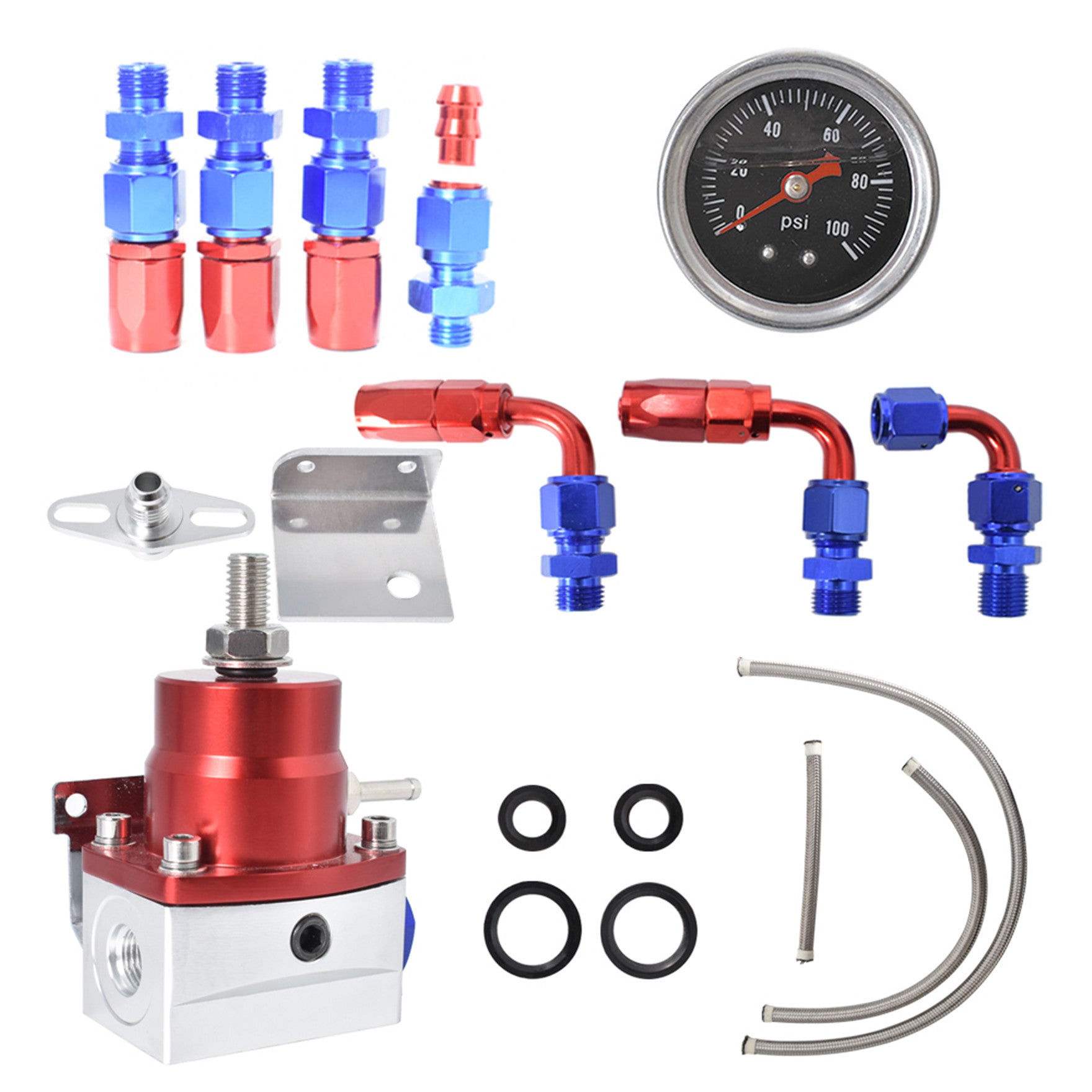 labwork Universal Adjustable Fuel Pressure Regulator Kit with 0-100 Psi Pressure Gauge AN6-6AN Fuel Line Hose Fitting Connectors Kit Red and Blue Lab Work Auto